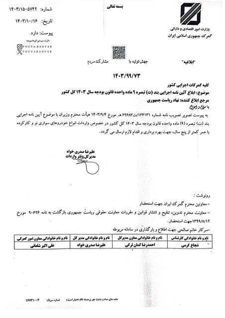 آیین نامه اجرایی واردات خودروهای کارکرده و نو به گمرکات کشور